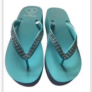 NWT Lady Lanell Swarovski Elements Aqua Crystal Flip Flops 8